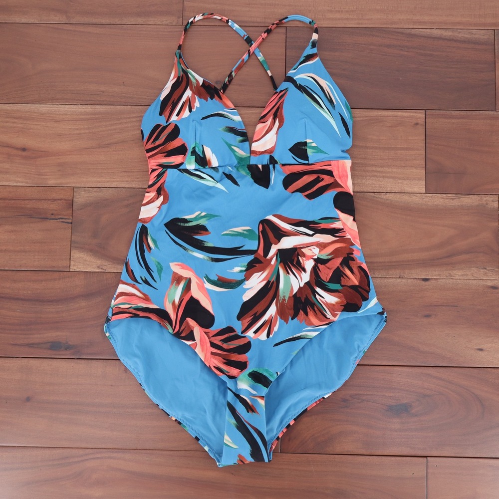 Calia Womens Tranquil Blue Floral Strappy Back One Piece Swimsuit Size 14 - Picture 2 of 9
